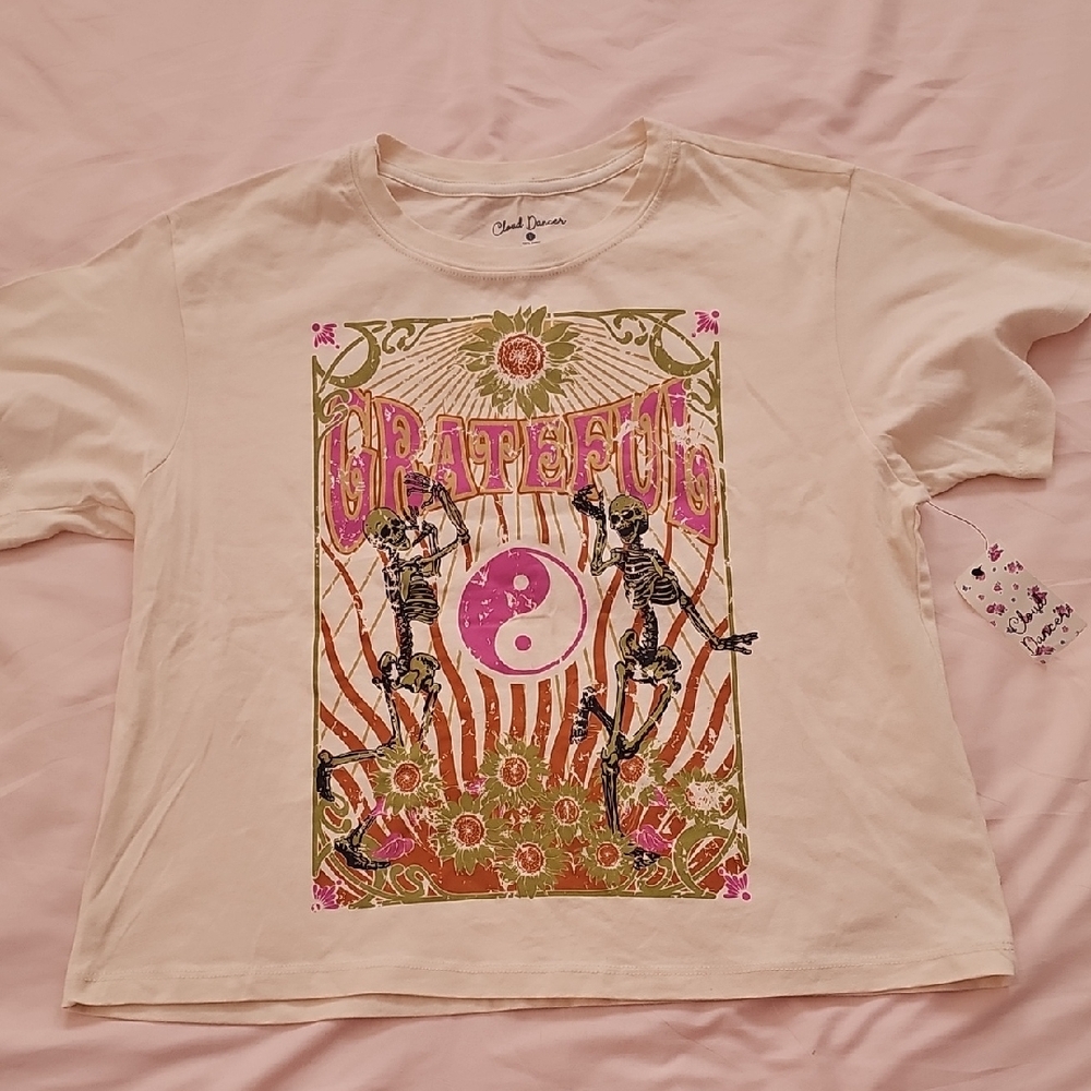 Chaser Cream Grateful Tee with Pink and Green Design